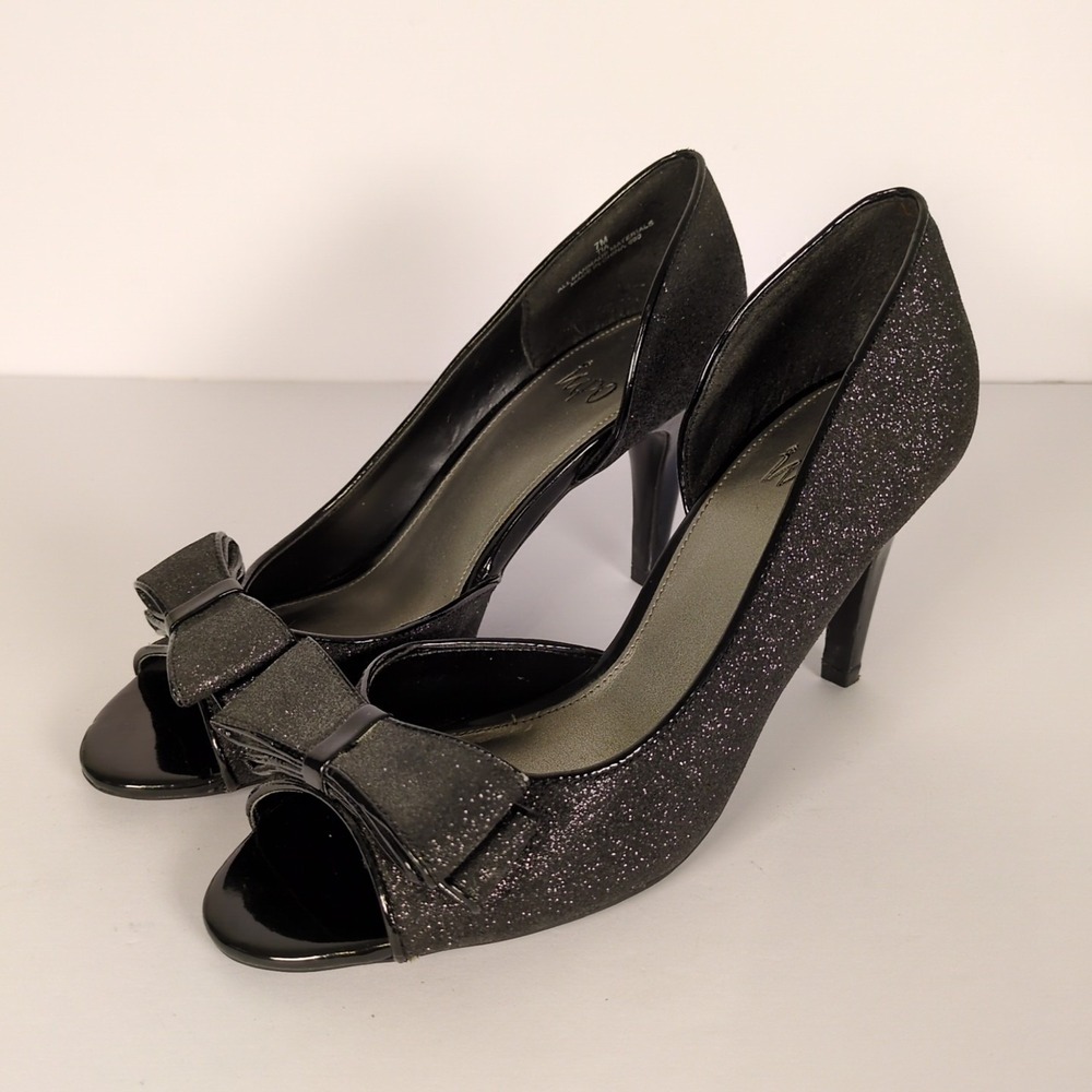 IMPO VTG Black Heels‎ SZ 7 Patent Leather Glitter Open Toe Bow Accent Pumps